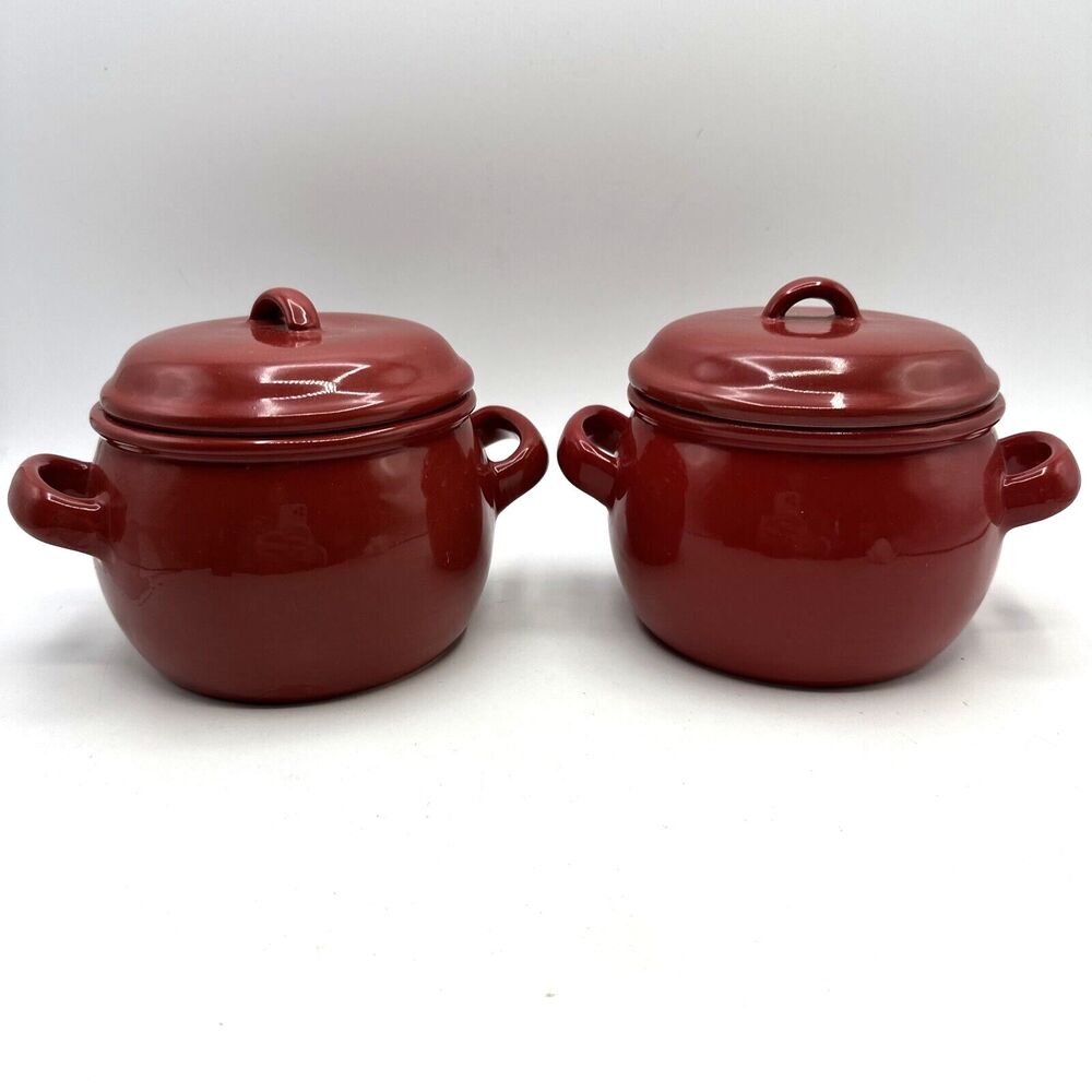 Two Oneida Kitchen Red Ceramic Crock w/Lid & Side Handles NEVER USED NEW